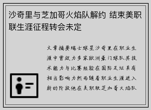 沙奇里与芝加哥火焰队解约 结束美职联生涯征程转会未定